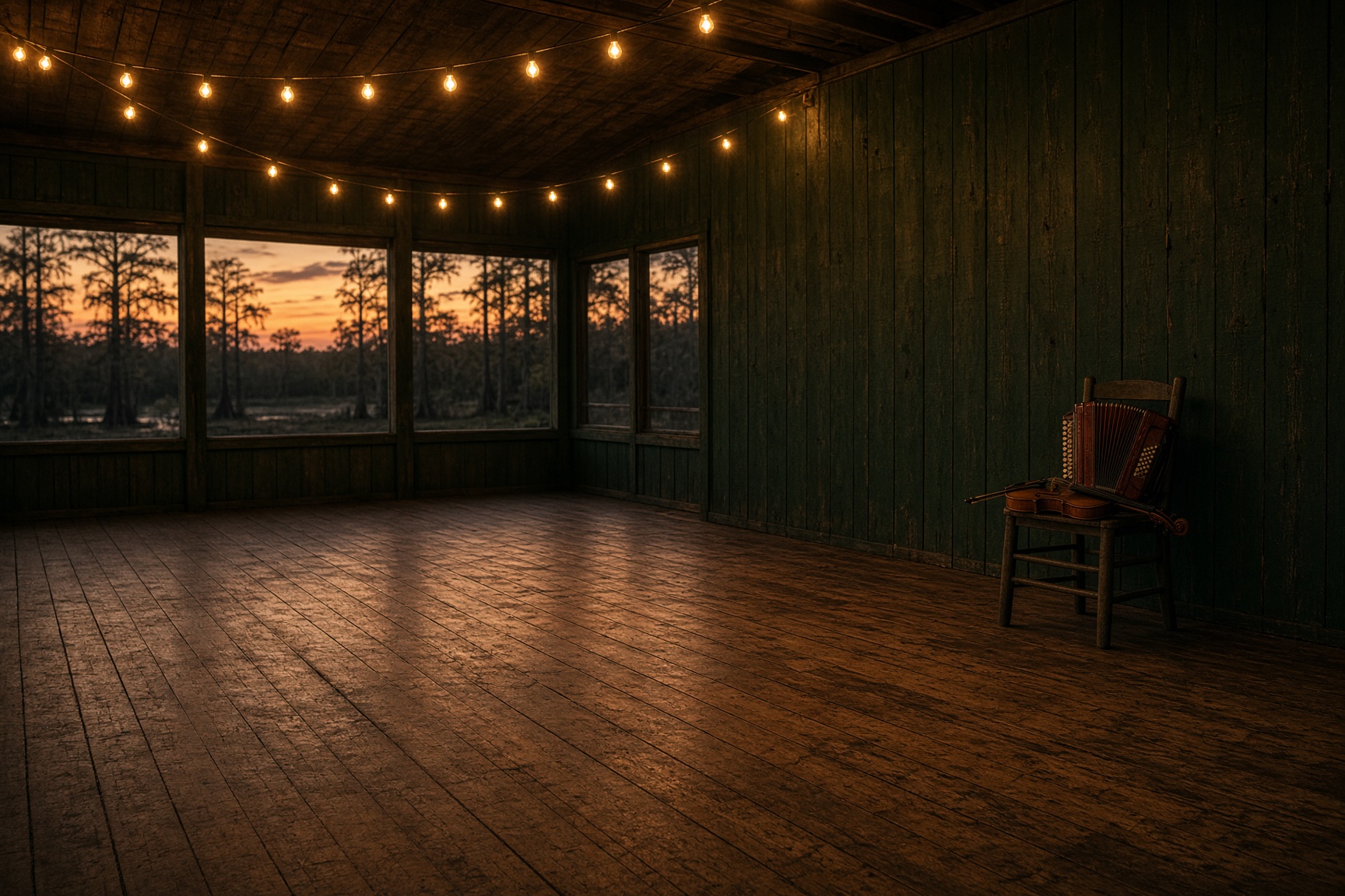 Empty dance hall with a fiddle on a chair